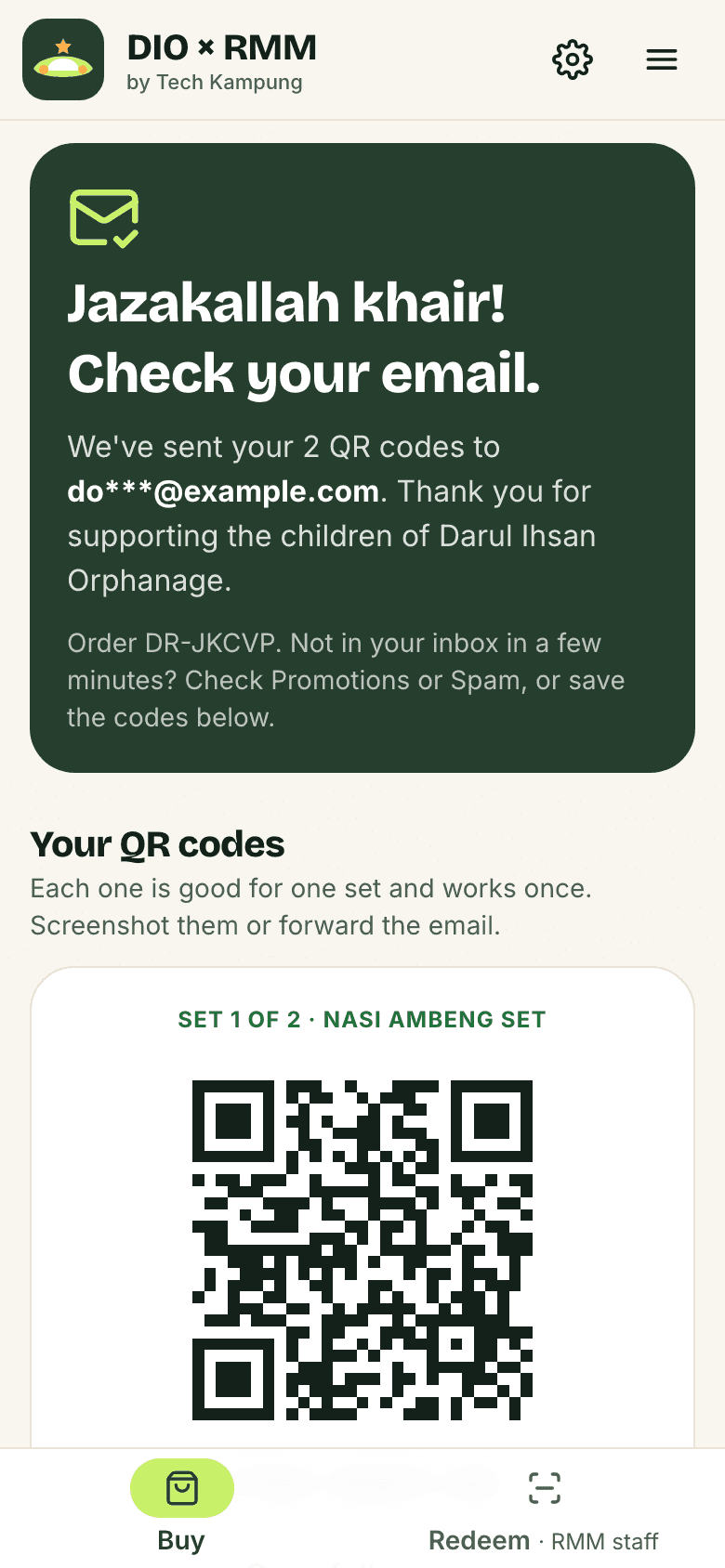 One QR code per set, on screen and by email