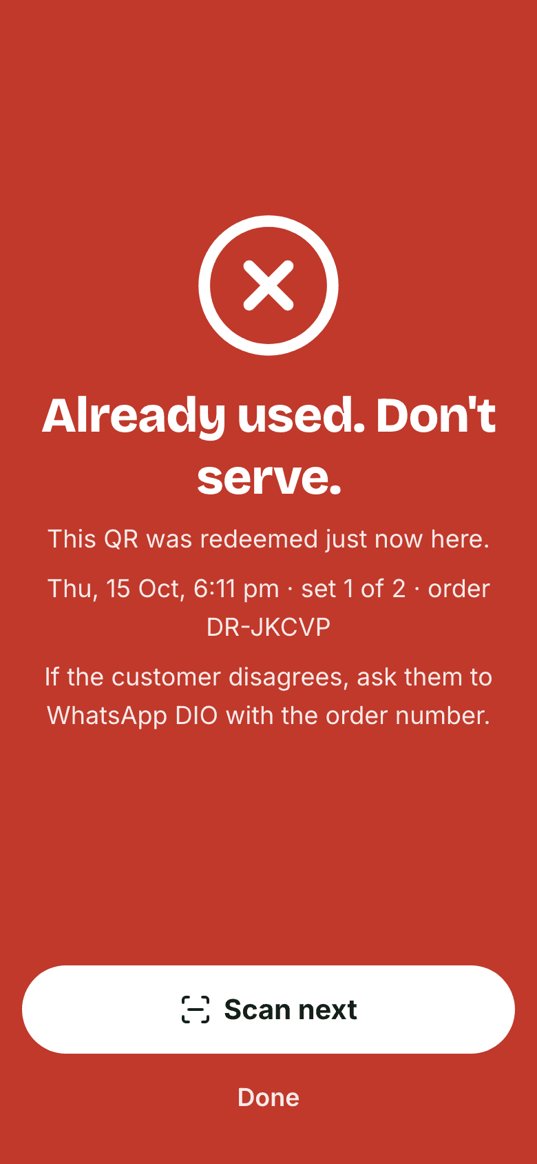 Red: already used, with when and where
